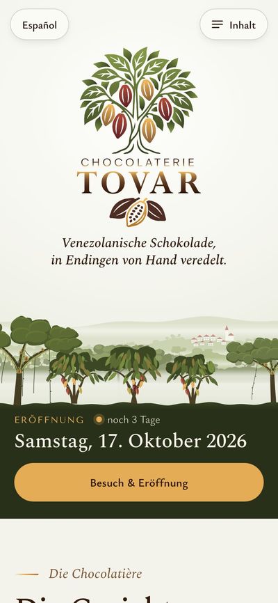 Startseite der Chocolaterie Tovar am Smartphone