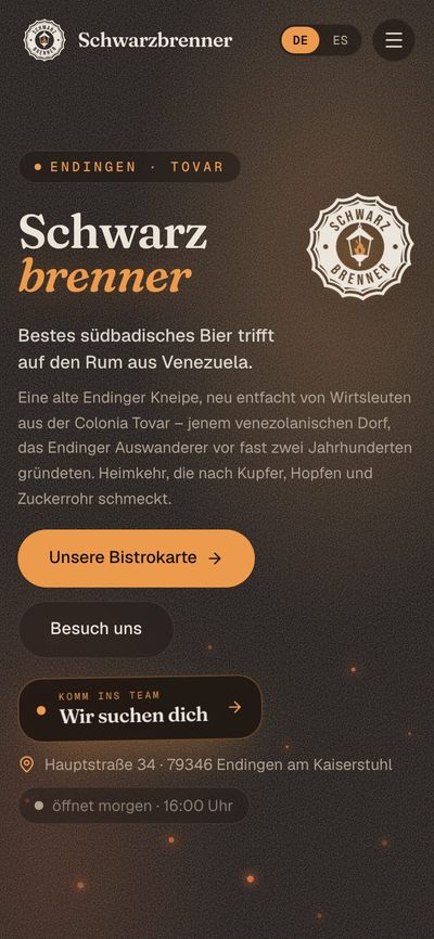 Website der Kneipe Schwarzbrenner auf einem Smartphone