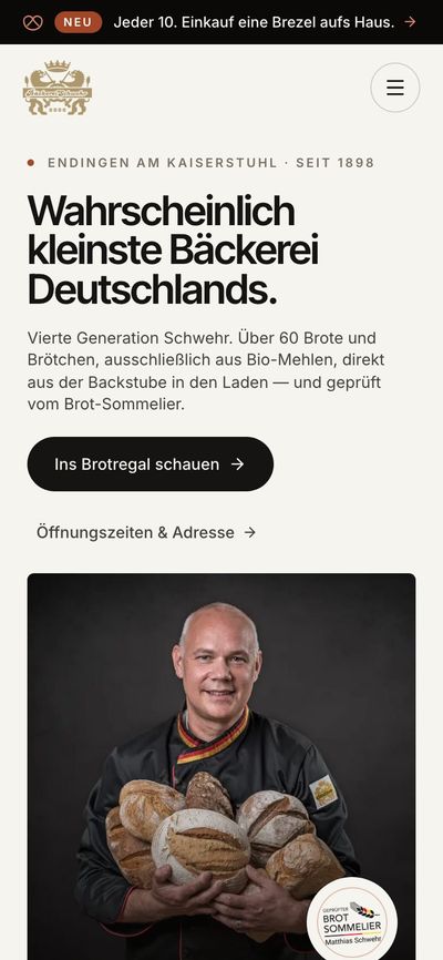 Startseite der Bäckerei Schwehr am Smartphone