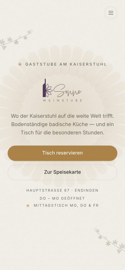 Startseite der Weinstube zur Sonne am Smartphone